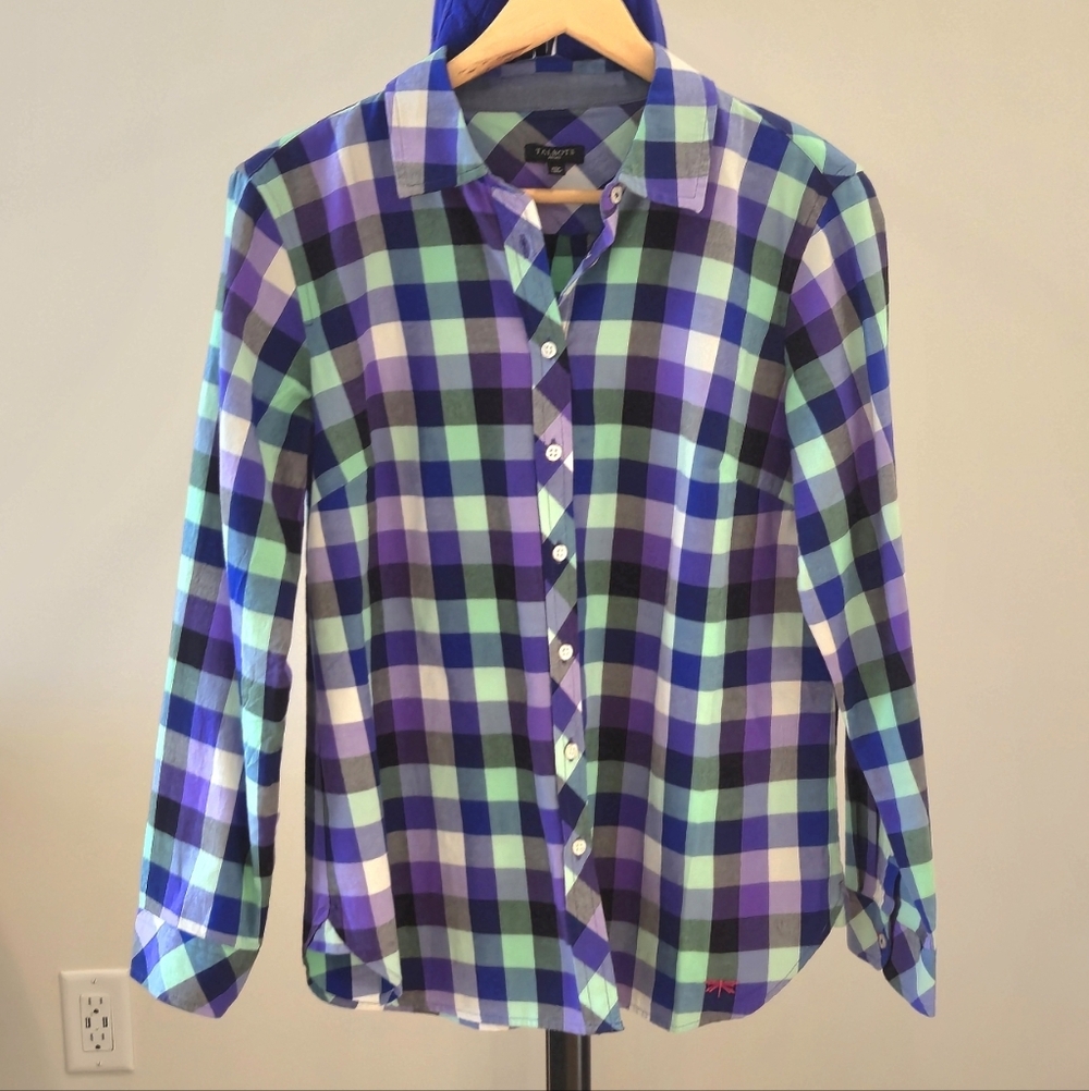 LIKE NEW Talbots Women's Plaid Button-Down Shirt Green, Purple, Blue - MP